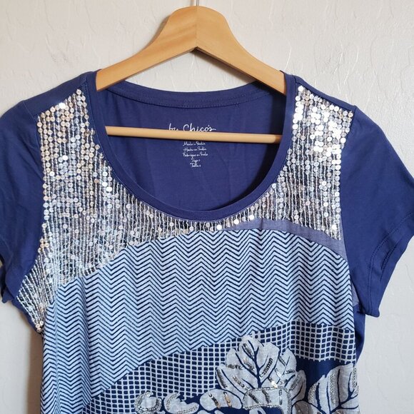 Chico's Eastern Splice Hollis High-Low Tee Blue Size Small Artsy Beaded Sequins - Picture 3 of 8